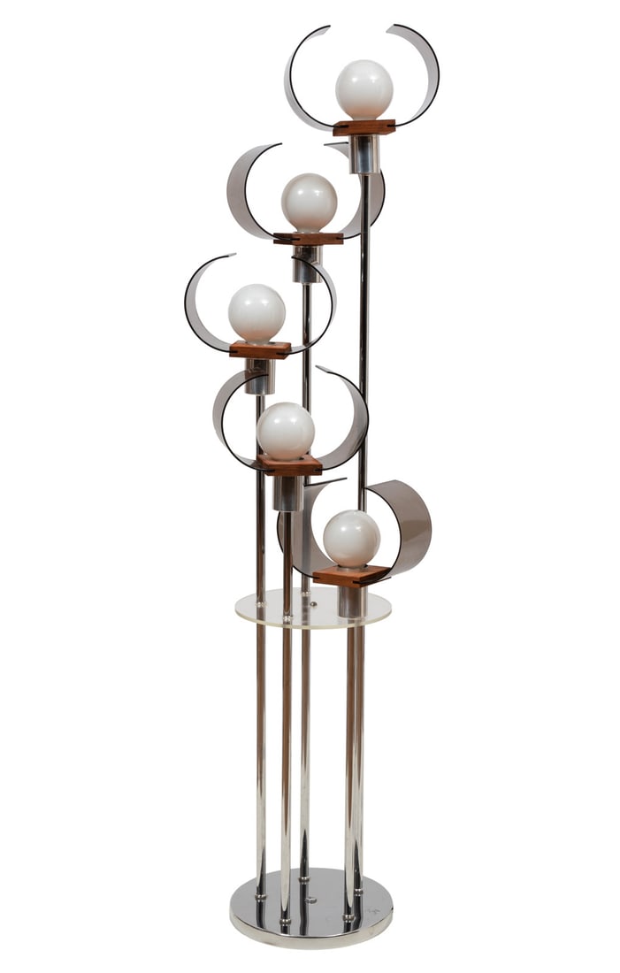 Space Age Modern Waterfall Lamp in Chrome and Teak: Space Age Modern Waterfall Lamp in Chrome and Teakin the style of Robert Sonneman; with adjustable globes and smoked acrylic shades; foot pedal switch