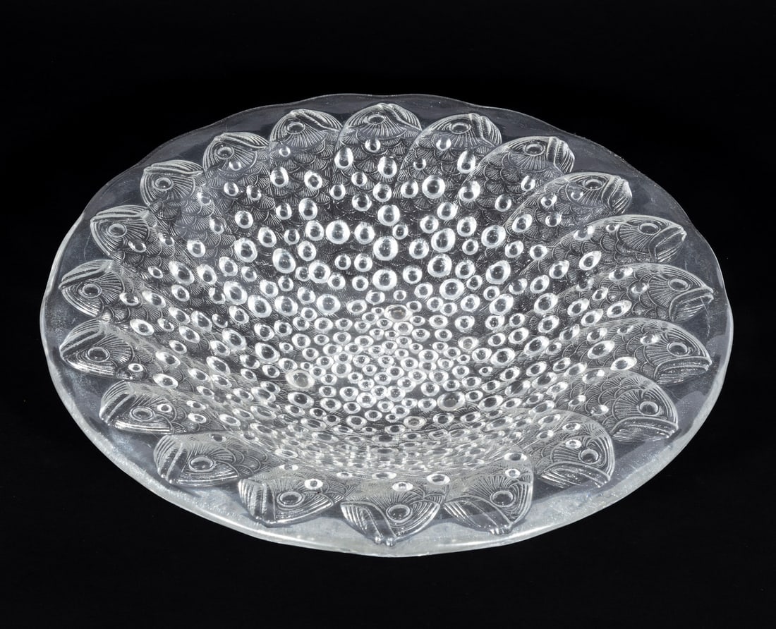 Lalique Crystal "Roscoff" Bowl: Lalique Crystal "Roscoff" Bowl marked, with koi fish and bubble design, dia. 14 in.