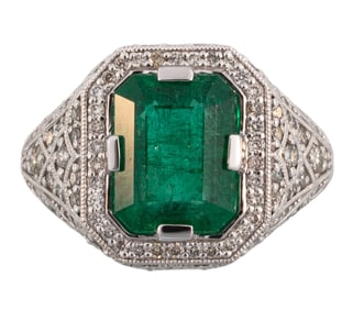Art Deco Style Platinum, Emerald and Diamond Ring