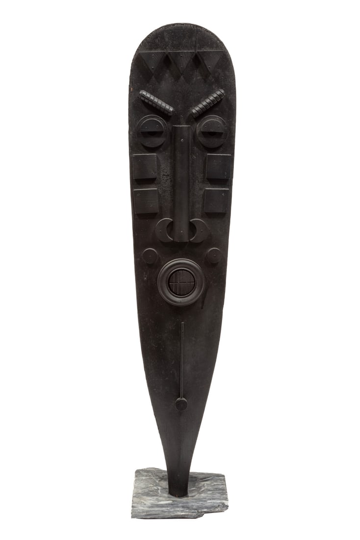 Bradley M. Prescott, American/New Hampshire 1922-2012, "Paddle Head", paint on wood assemblage: Bradley M. Prescott American/New Hampshire, 1922-2012 "Paddle Head" paint on wood assemblage initialed lower front edge, marble base. 29 x 6 1/4 x 1 1/4 in. (73.7 x 15.9 x 3.2 cm.), Overall: 30 x 6 x 