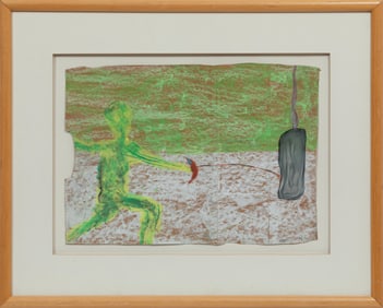 Reginald Gee, American/Wisconsin b. 1964, "Practicing Fencer", oil pastel on found brown paper bag