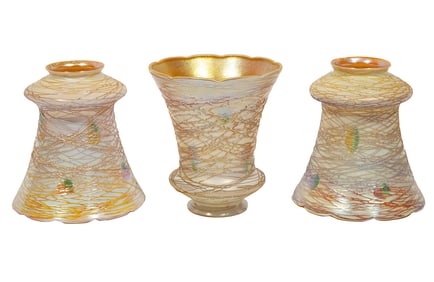 Three Quezal Threaded Leaf & Vine Art Glass Shades