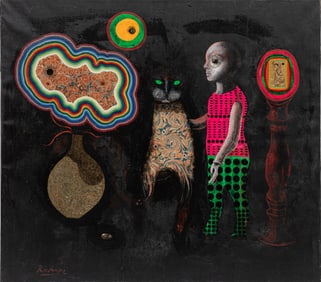 Noel Rockmore, American/Louisiana 1928-1995, "Woman, Cat and Vase with Geode", oil, collage and