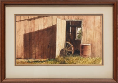 Emmitt Thames, American/Mississippi b. 1933, "Barn", watercolor on paper laid on board