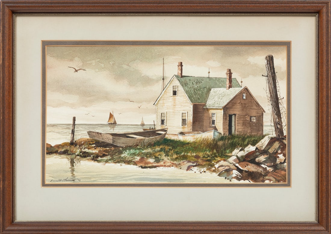 Emmitt Thames, American/Mississippi b. 1933, "Coastal Home", watercolor on Strathmore watercolor: Emmitt ThamesAmerican/Mississippi, b. 1933"Coastal Home"watercolor on Strathmore watercolor paper board1972, signed and dated lower left, "Gallery D'Art, Houma, LA" label on backing paper, framed.8 x