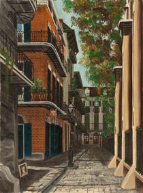 John Ellwood Brown, Jr., American/Louisiana d. 2012, "Pirate's Alley", oil on canvas board