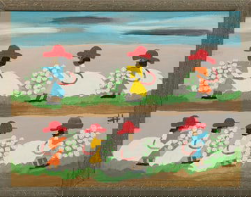 Clementine Hunter, American/Louisiana 1886-1988, ?Cotton Picking?, oil on board