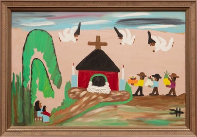 Clementine Hunter, American/Louisiana 1886-1988, "Nativity Scene", oil on board