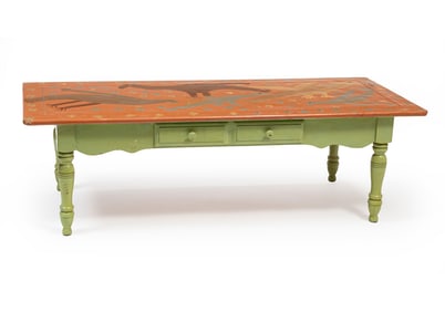 Mose Tolliver, American/Alabama 1925-2006, "Table with Birds", house paint on found wood table