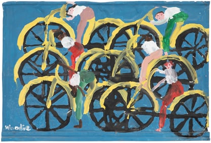 Woodie Long, American/Alabama 1942-2009, ?Yellow Bicycles on Blue Background?, paint on found metal
