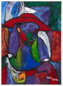 William Tolliver, American/Louisiana 1951-2000, ?Lady in Red Hat?, acrylic on monotype on Arches