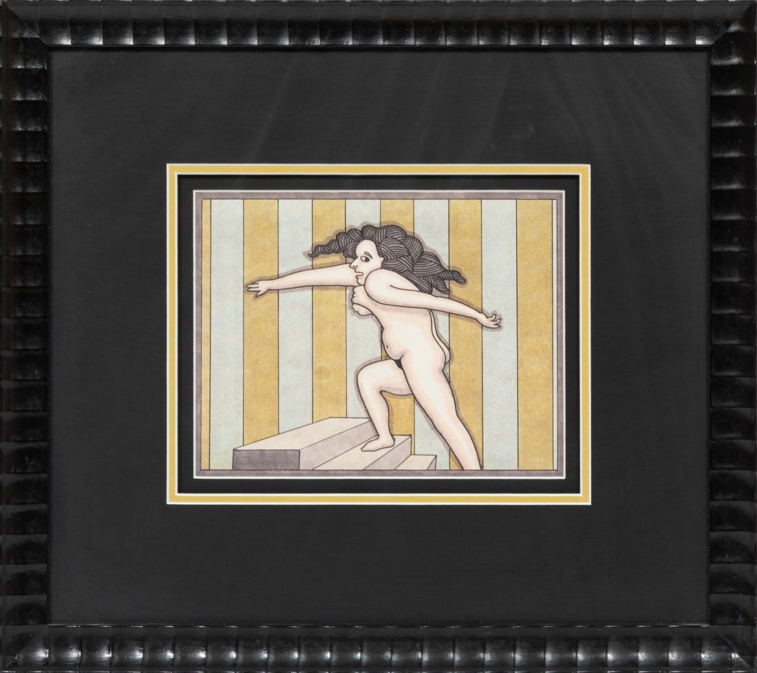 Robert Gordy, American/Louisiana 1933-1986, "The Stairs", marker and ink on paper: Robert GordyAmerican/Louisiana, 1933-1986"The Stairs"marker and ink on paper1968, unsigned, "Galerie Simonne Stern, New Orleans, LA" label with artist, title and date and "Kulicke Frames, Inc., New Yo