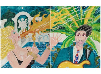 Bunny Matthews, American/Louisiana b. 1951, ?Trying to Attract His Attention?, oil on canvas diptych