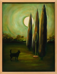 Kathleen Lemoine, American/Louisiana b. 1943, ?Dog with Hoop?, acrylic on paper laid on panel