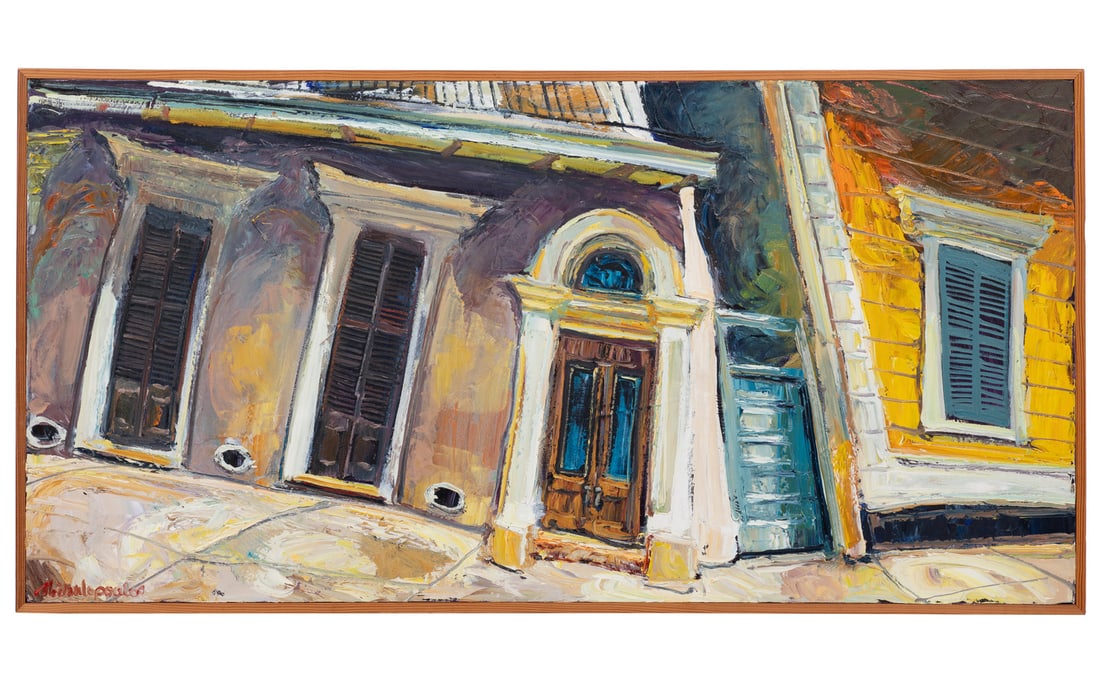 James Michalopoulos, American/Louisiana b. 1951, ?Ochre Lope?, oil on canvas: James MichalopoulosAmerican/Louisiana, b. 1951?Ochre Lope?oil on canvas1993, signed lower left, signed twice, titled, dated and inscribed "1952" en verso, framed.23 3/4 x 48 in. (60.3 x 121.9 cm.), Fr