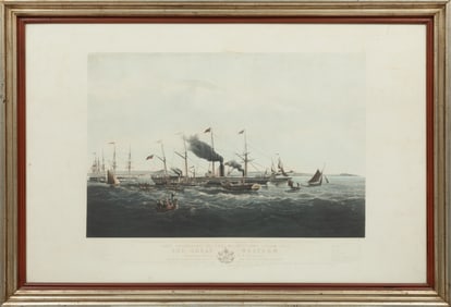 Three Antique Hand-Colored Maritime Prints, incl. Nathanial Currier /Publishers, "U.S. Mail