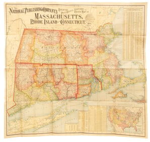 Antique Folding Map of Massachusetts, Rhode Island, and Connecticut