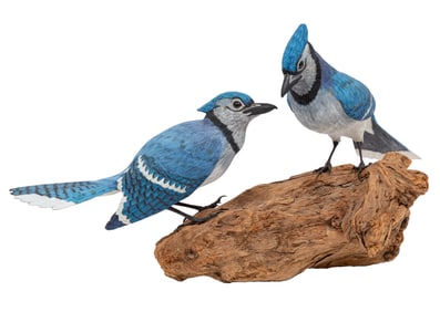 Don Gomez, American/Louisiana, b. 1951, "Blue Jays", paint and mixed media on carved wood, signed