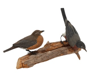 Don Gomez, American/Louisiana, b. 1951, "American Robins", paint and mixed media on carved wood,