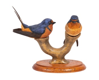 Don Gomez, American/Louisiana, b. 1951, "Barn Swallows", paint and mixed media on carved wood, 1998,