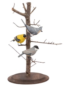 Don Gomez, American/Louisiana, b. 1951, "Spring Birds", paint and mixed media on carved wood, signed