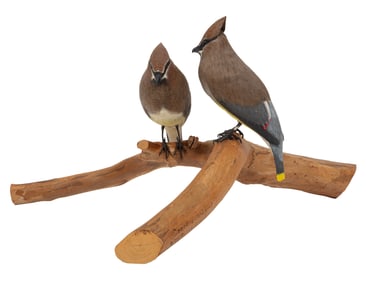 Don Gomez, American/Louisiana, b. 1951, "Cedar Wax-Wing", paint and mixed media on carved wood,