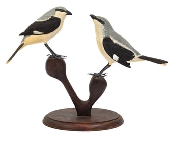 Don Gomez, American/Louisiana, b. 1951, "Loggerhead Shrike", paint and mixed media on carved wood,