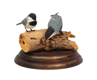 Don Gomez, American/Louisiana, b. 1951, "Carolina Chicadee", paint and mixed media on carved wood