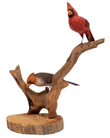Don Gomez, American/Louisiana, b. 1951, "Cardinals", paint and mixed media on carved wood, 1995,