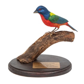 Don Gomez, American/Louisiana, b. 1951, "Painted Bunting", paint and mixed media on carved wood,