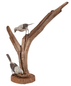 Don Gomez, American/Louisiana, b. 1951, "Northern Mockingbird", paint and mixed media on carved