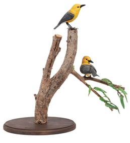 Don Gomez, American/Louisiana, b. 1951, "Prothonotary Warbler", paint and mixed media on carved