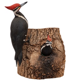 Don Gomez, American/Louisiana, b. 1951, "Pileated Woodpeckers", paint and mixed media on carved