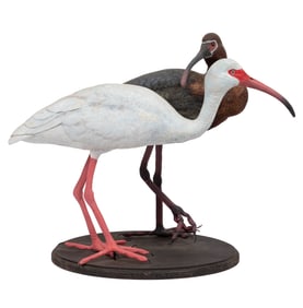 Don Gomez, American/Louisiana, b. 1951, "White & White Faced Ibis", paint and mixed media on carved