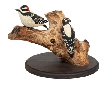 Don Gomez, American/Louisiana, b. 1951, "Downy Woodpecker", paint and mixed media on carved wood,