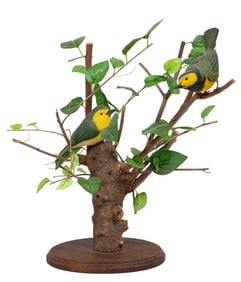 Don Gomez, American/Louisiana, b. 1951, "Hooded Warbler", paint and mixed media on carved wood,