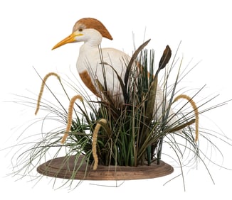 Don Gomez, American/Louisiana, b. 1951, "Cattle Egret", paint and mixed media on carved wood, signed