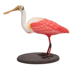 Don Gomez, American/Louisiana, b. 1951, "Roseate Spoonbill", paint and mixed media on carved wood,