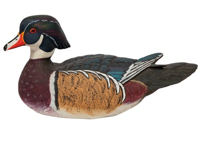 M. Hebert, American/Louisiana 20th c., "Wood Duck Drake", paint and mixed media on carved wood
