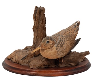 Jerry Harp, American/Louisiana 20th c., "Woodcock", paint and mixed media on carved wood