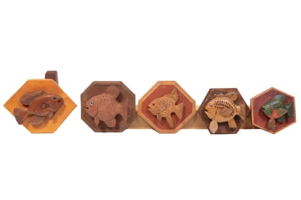 Dudley Delaune (Louisiana/Napoleonville, 1924-2017), Five Cypress Carved & Mounted Fish