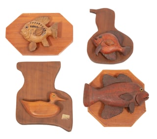 Dudley Delaune (Louisiana/Napoleonville, 1924-2017), Four Cypress Carvings of Fish and a Duck