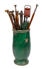 Collection of Canes and Umbrellas with Glazed Ceramic Stand