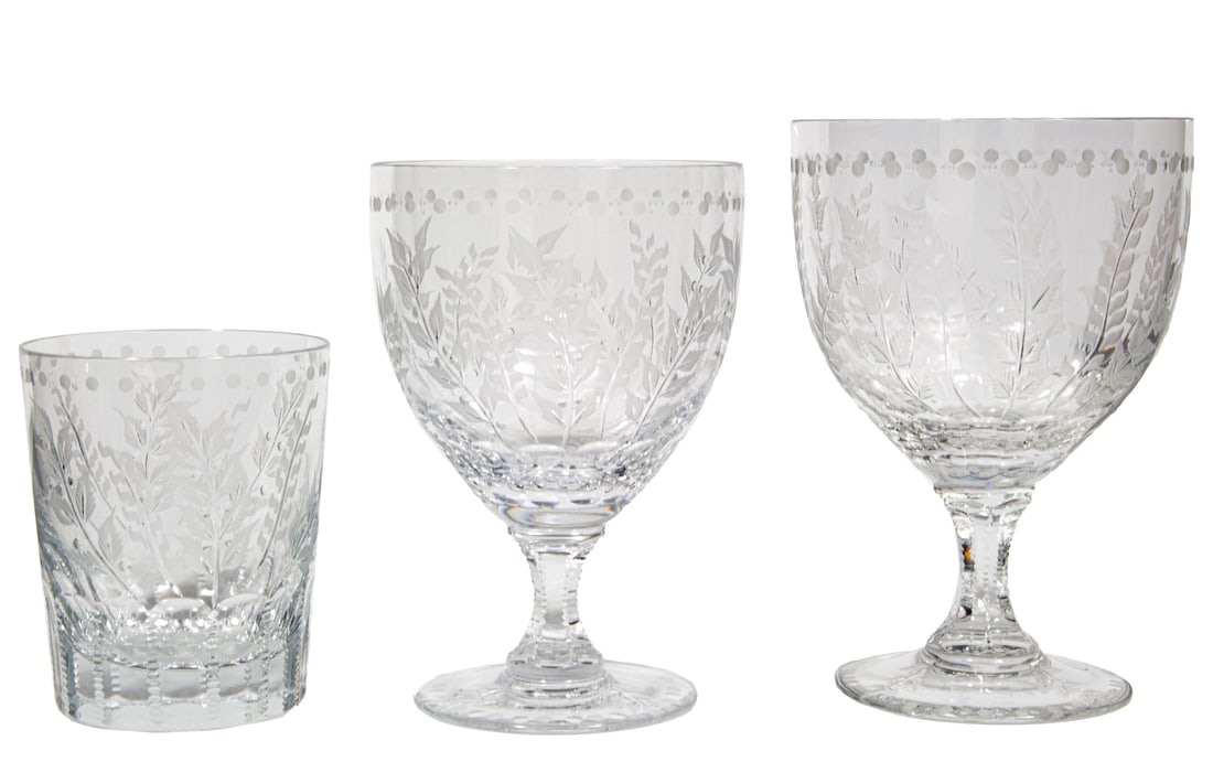 William Yeoward "Fern" Pattern Crystal Glassware: William Yeoward "Fern" Pattern Crystal Glassware8 white wine (h. 5 5/8 in.), 7 water goblets (h. 6 3/8 in), and 2 small rocks glasses,