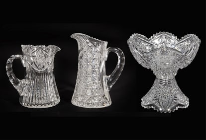 American Brilliant Cut Glass Punchbowl on Stand & Two American Brilliant Cut Glass Small Pitchers