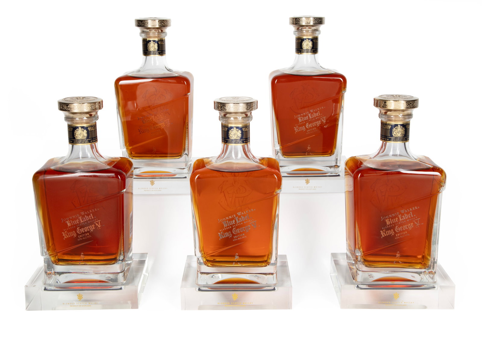 Johnnie Walker Blue King George V Edition Blended Scotch Whisky: Johnnie Walker Blue King George V Edition Blended Scotch Whisky5 bottles, 750ml., bottled pre-2015, bottle numbers; J01BFQ376JW, J01BFQ500JW, J01BFT430JW, J01BFL133JW and J01BFO760JW, each with presen