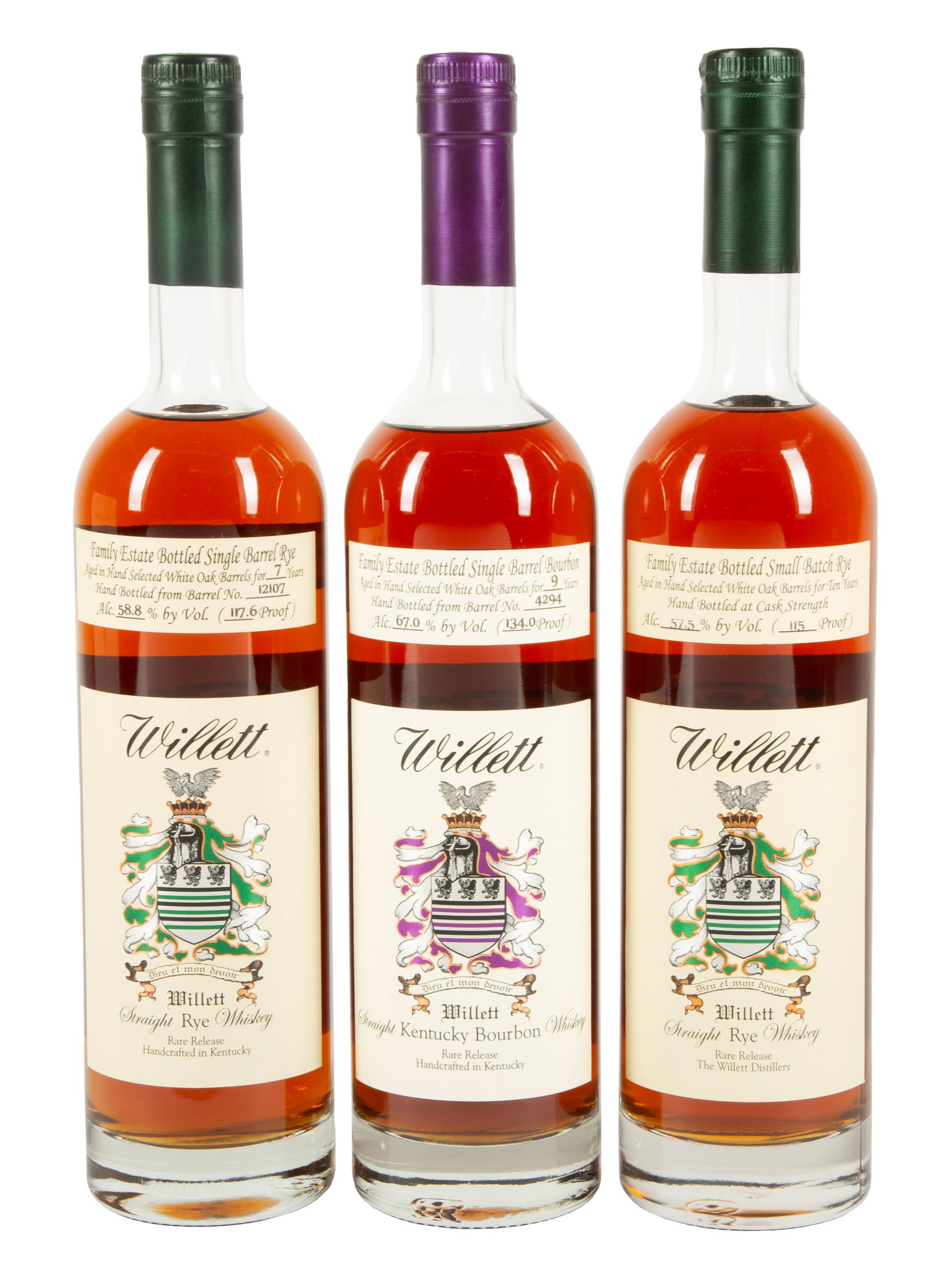 Willett Distillery Mixed Lot: Willett Distillery Mixed LotEstate Single Barrel 9 Year Kentucky Bourbon , 750ml., bottled 2022, 134 Proof, barrel no. 4294, date code "W22124119C", "WU 1er Cru" and numbered "34/159" on back, bottled