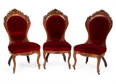 Set of Three American Rococo Laminated and Carved Rosewood Parlor Chairs