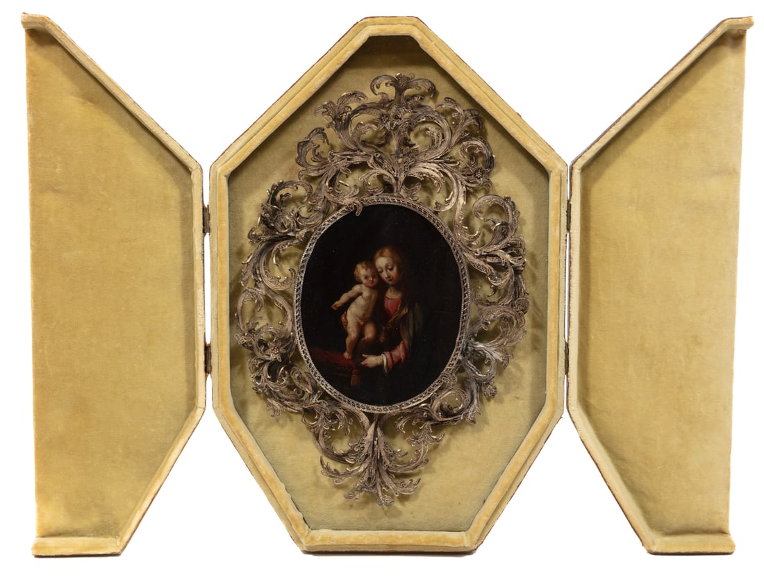 Manner of Bernardino Campi, Italian 1522-1592, ?Mary and Baby Jesus?, oil on copper: Manner of Bernardino CampiItalian, 1522-1592?Mary and Baby Jesus?oil on copperartist name inscribed en verso, framed in metal filigree with leather and velvet case.6 1/2 x 5 1/4 in. (16.5 x 13.3 cm.),