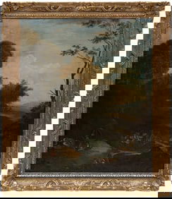 Follower of Albert Meyeringh, Dutch 1645?1714, "A Wooded River Landscape with Fisherfolk in the